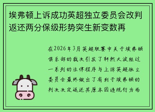 埃弗顿上诉成功英超独立委员会改判返还两分保级形势突生新变数再