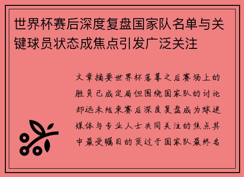 世界杯赛后深度复盘国家队名单与关键球员状态成焦点引发广泛关注